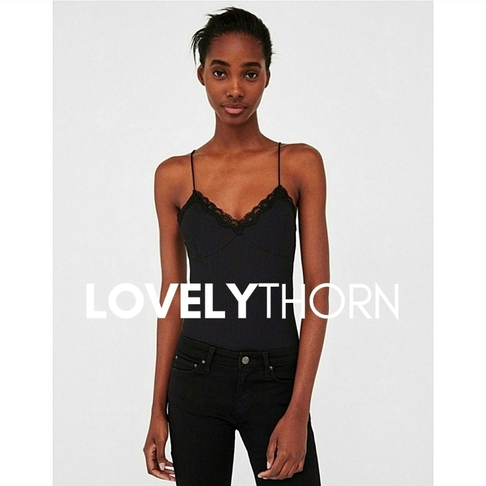ZARA // striped black fabric w/ lace trim bodysuit